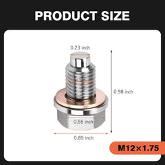 M12 x1.25 / M12 x1.5 / M12 x1.75 / M14 x1.5 / M16 x1.5 Magnetic Stainless Steel Oil Drain Plug with 5 Copper Crush Washers, Anti-Leak Replacement for Cars, Motorcycles & Boats