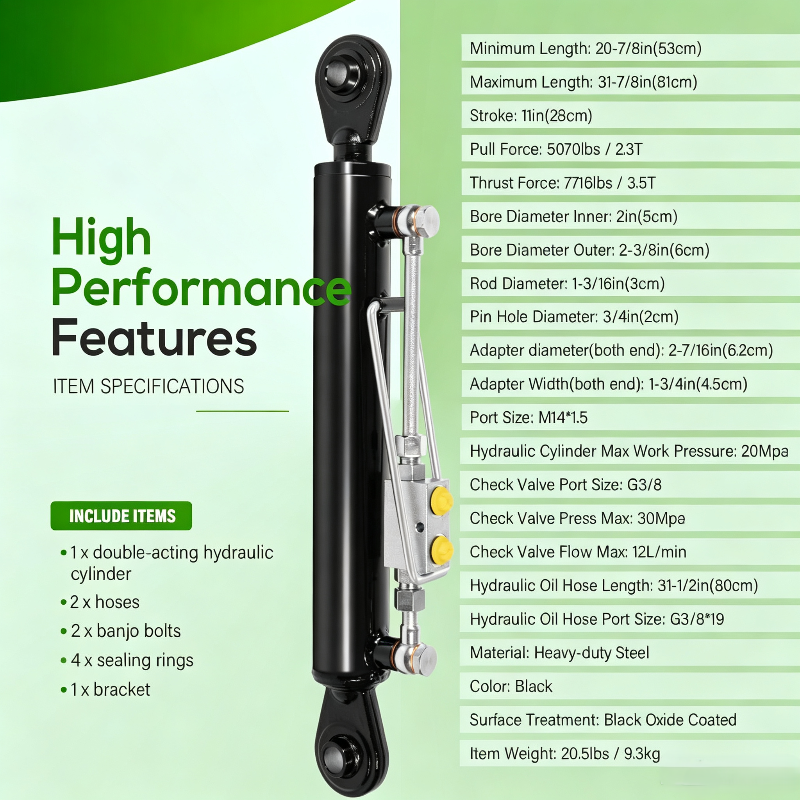 Hydraulic Top Link Cat. 1-1 with Locking Block 20-7/8"-31-7/8", Double-Acting Hydraulic Cylinder with 2 Hoses & Two-Way Check Valve for Tractor/Excavator