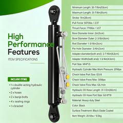 Hydraulic Top Link Cat. 1-1 with Locking Block 20-7/8"-31-7/8", Double-Acting Hydraulic Cylinder with 2 Hoses & Two-Way Check Valve for Tractor/Excavator