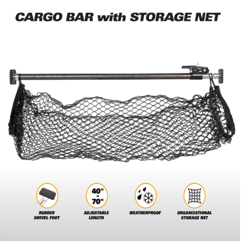Ratcheting Cargo Bar Adjustable 40"-70" with 60"x24" Storage Net - Heavy Duty Truck Bed Bar, Rubber Grip, Black/Silver