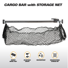 Ratcheting Cargo Bar Adjustable 40"-70" with 60"x24" Storage Net - Heavy Duty Truck Bed Bar, Rubber Grip, Black/Silver