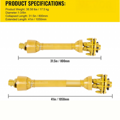 PTO Shaft, 1-3/8" PTO Drive Shaft, 6 Spline Both Ends PTO Driveline Shaft, Series 4 Tractor PTO Shaft, 31.5"-41" Brush Hog PTO Shaft, Yellow PTO Shaft w/Slip Clutch for Bush Hog/Finish Mower