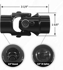 Junta universal de direção preta, 3/4" redonda x 3/4" -36 estrias, eixo único, comprimento total: 83 mm (3-1/4")