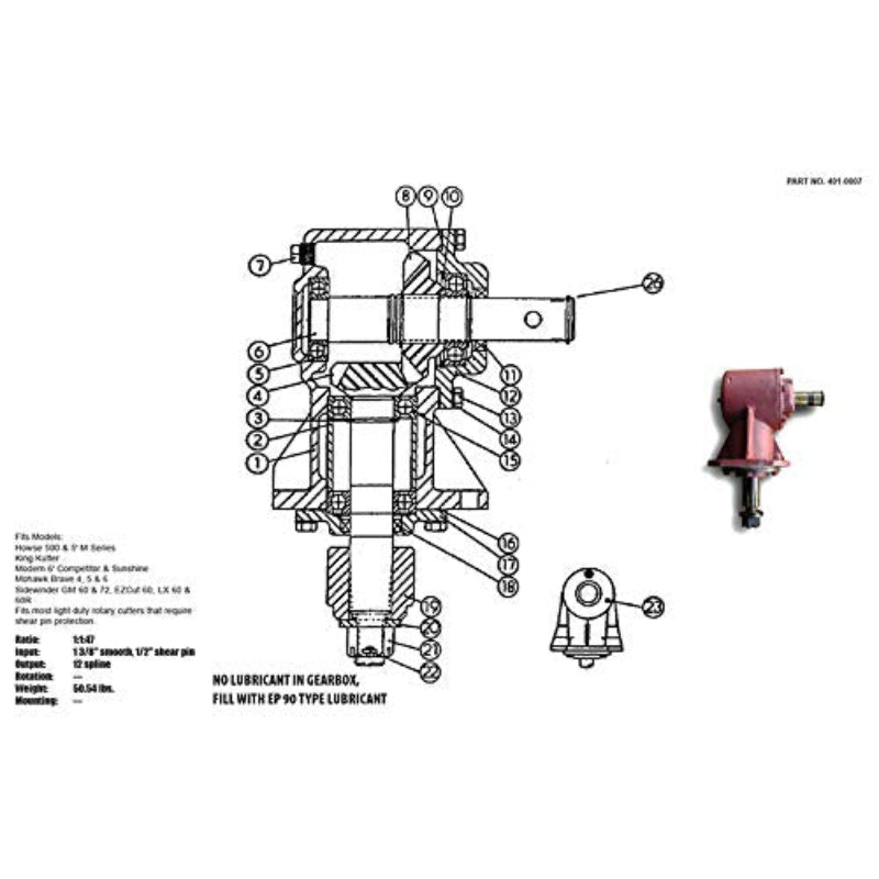 40HP Shear Bolt Gearbox, Rotary Cutter Gearbox 1:1.47 Ratio, 1-3/8" Smooth Input Shaft, 1-1/2" 12 Tapered Spline Output - Replacement for RC-30