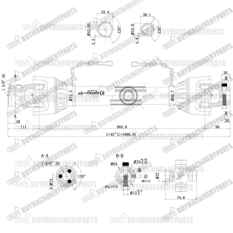 42-56" PTO Shaft PTO Driveshaft for Tractor 1-3/8" 6 Spline End 1-3/8" Round End - Buymachineryparts