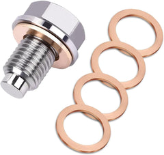 M12 x1.25 / M12 x1.5 / M12 x1.75 / M14 x1.5 / M16 x1.5 Magnetic Stainless Steel Oil Drain Plug with 5 Copper Crush Washers, Anti-Leak Replacement for Cars, Motorcycles & Boats