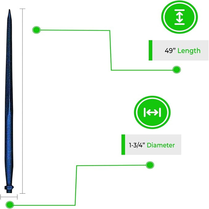 49" Hay Bale Spear 3000 LBs Capacity, C-2 Bale Spike Square Tapered Forged - 1 3/4" Conus 2, Bale Hay Spike with Hex Nut