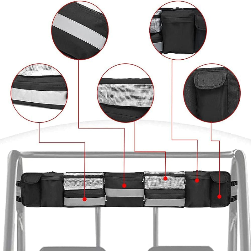 ROPS Roll Cage Rear Storage Bag Organizer 47 x 7.5 Inch 1680D Waterproof Oxford Reflective Strip Glow in the Dark Zipper Universal for Tractor UTV Roll Bar Cage