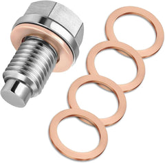 M12 x1.25 / M12 x1.5 / M12 x1.75 / M14 x1.5 / M16 x1.5 Magnetic Stainless Steel Oil Drain Plug with 5 Copper Crush Washers, Anti-Leak Replacement for Cars, Motorcycles & Boats