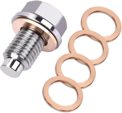 M12 x1.25 / M12 x1.5 / M12 x1.75 / M14 x1.5 / M16 x1.5 Magnetic Stainless Steel Oil Drain Plug with 5 Copper Crush Washers, Anti-Leak Replacement for Cars, Motorcycles & Boats