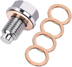 M12 x1.25 / M12 x1.5 / M12 x1.75 / M14 x1.5 / M16 x1.5 Magnetic Stainless Steel Oil Drain Plug with 5 Copper Crush Washers, Anti-Leak Replacement for Cars, Motorcycles & Boats