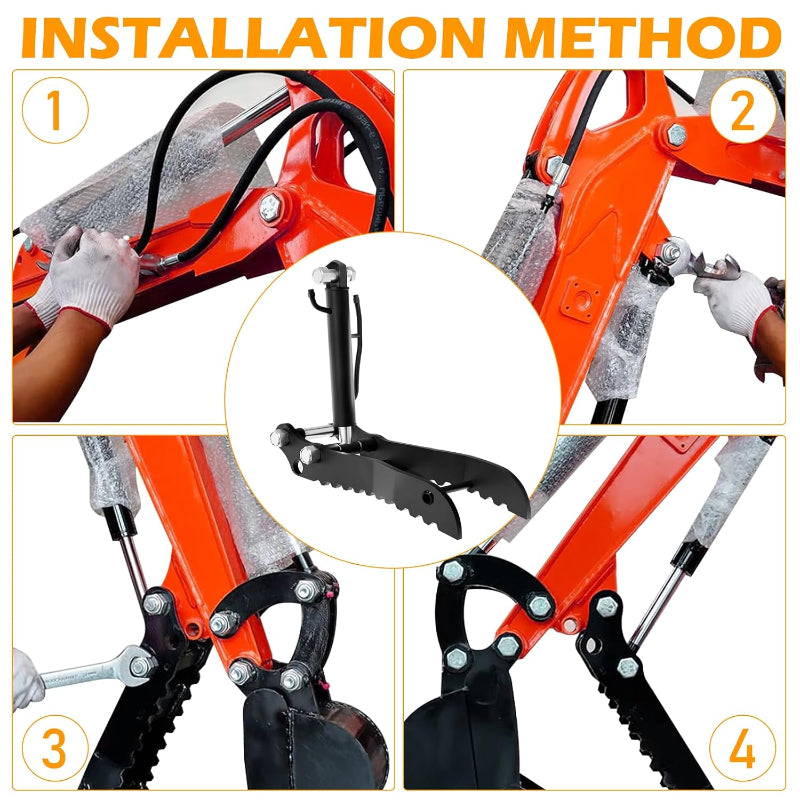 Hydraulic Thumb Clip for Mini Excavators up to 2 Tons - with 2 Hydraulic Hoses & Screws, Manganese Steel | Universal Fit 3-Hole Arm
