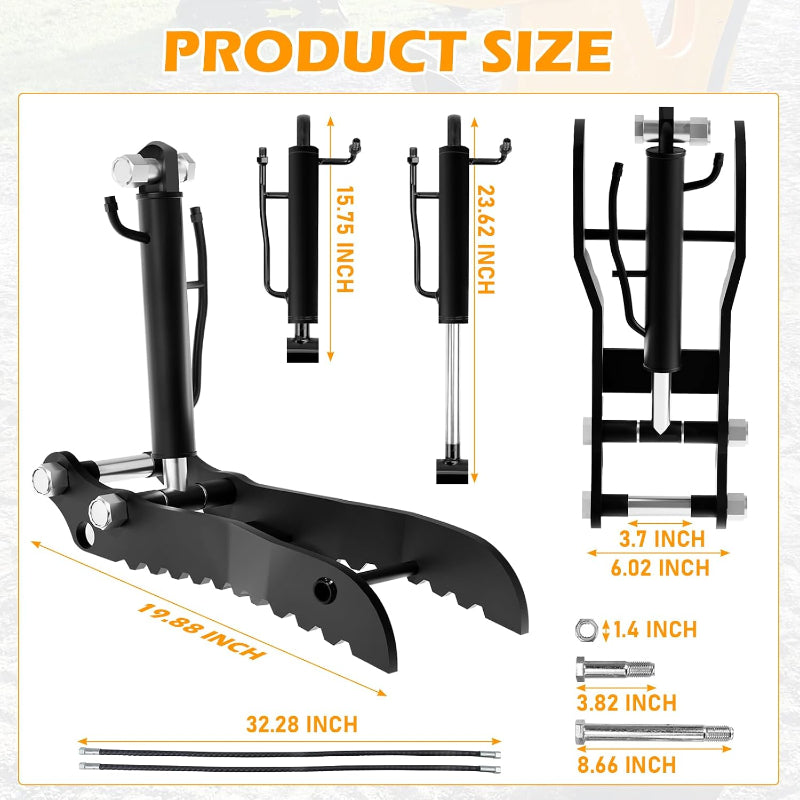 Hydraulic Thumb Clip for Mini Excavators up to 2 Tons - with 2 Hydraulic Hoses & Screws, Manganese Steel | Universal Fit 3-Hole Arm