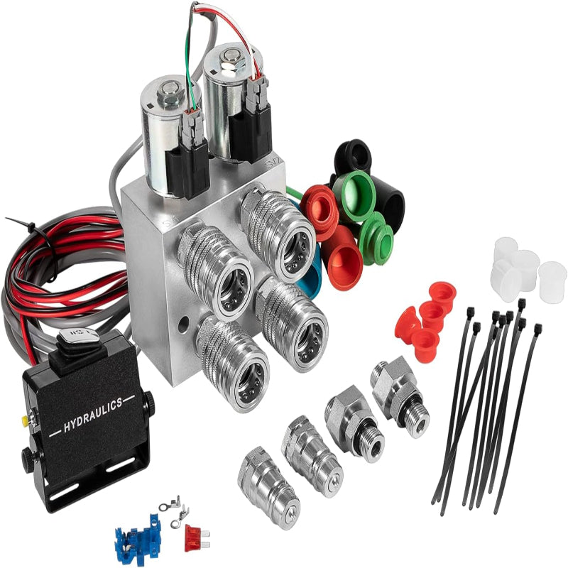 Hydraulic Multiplier SCV Splitter Diverter Manifold Valve Kit,Turn 1 Rear Remote into 2 Circuits,Fits John Deere Case Kubota Ford Tractors,12V Solenoid + Switch Box