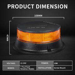 Amber LED Warning Light, 30 LEDs 12/24V 3 Flash Modes & 4 Rotation Patterns, IP67 Screw-Mount Beacon for Agricultural Machinery, Tractors, Excavators