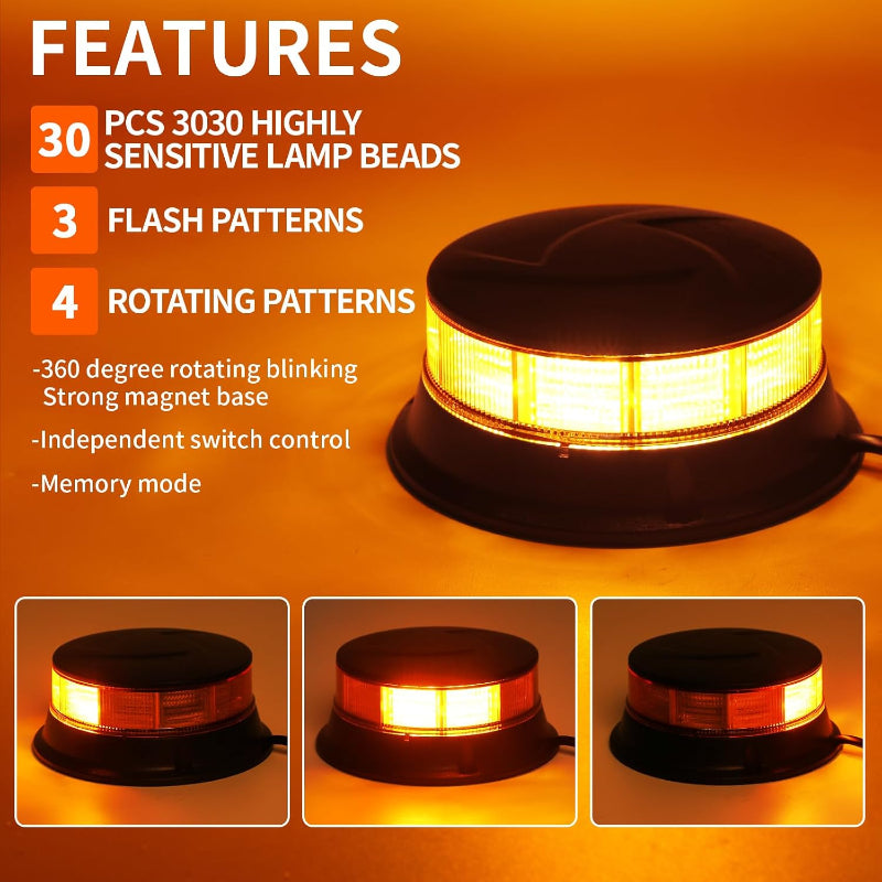 Amber LED Warning Light, 30 LEDs 12/24V 3 Flash Modes & 4 Rotation Patterns, IP67 Screw-Mount Beacon for Agricultural Machinery, Tractors, Excavators