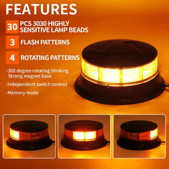 Amber LED Warning Light, 30 LEDs 12/24V 3 Flash Modes & 4 Rotation Patterns, IP67 Screw-Mount Beacon for Agricultural Machinery, Tractors, Excavators