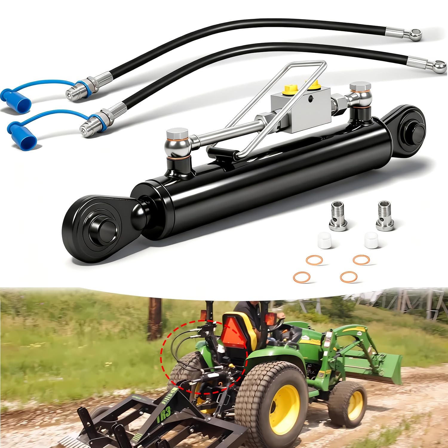 Hydraulic Top Link Cat. 1-1 ,18 1/8” - 26 3/8”, 3/4" Hole Adjustable,2-Way Check Valve,With 2× Hoses,Replacement for SPH320,For Tractors & Excavators
