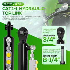 Hydraulic Top Link Cat. 1-1 with Locking Block 20-7/8"-31-7/8", Double-Acting Hydraulic Cylinder with 2 Hoses & Two-Way Check Valve for Tractor/Excavator
