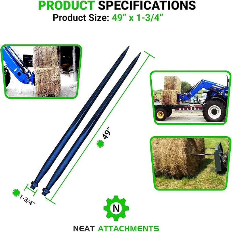 49" Hay Bale Spear 3000 LBs Capacity, C-2 Bale Spike Square Tapered Forged - 1 3/4" Conus 2, Bale Hay Spike with Hex Nut