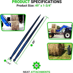 49" Hay Bale Spear 3000 LBs Capacity, C-2 Bale Spike Square Tapered Forged - 1 3/4" Conus 2, Bale Hay Spike with Hex Nut