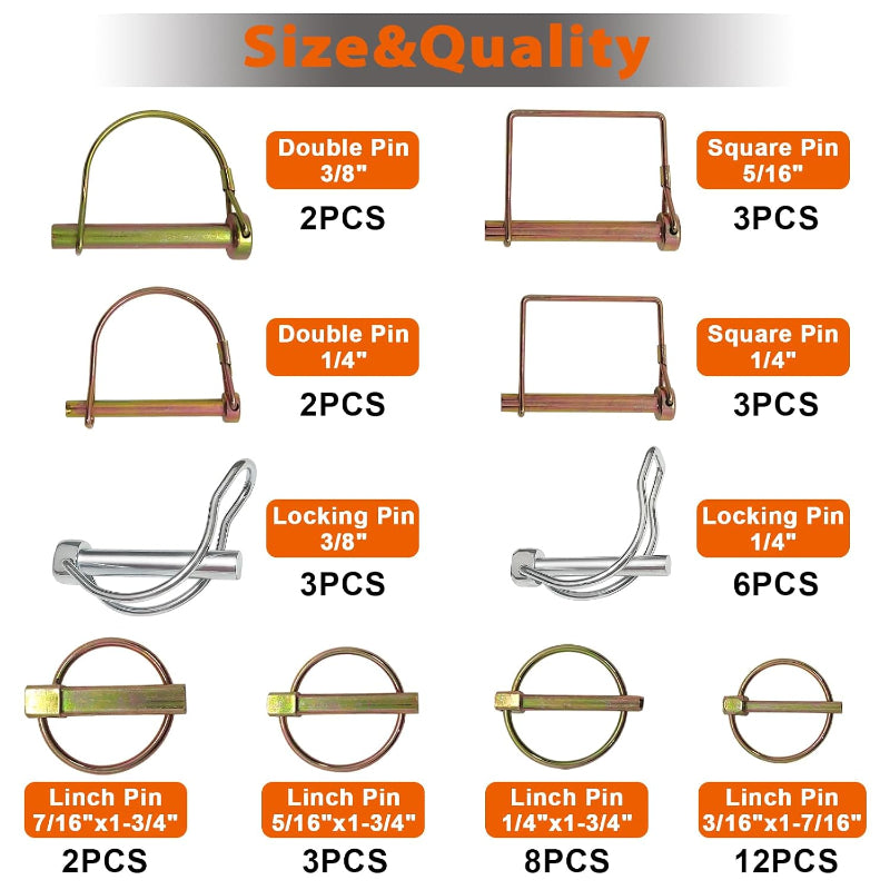 380 Pcs Heavy Duty Pin Kit-Hitch,Lynch,R-Clips,Hair&PTO Pins for Trucks,Trailers,Tractors,Mowers,3-Point Accessories,Zinc Plated Assortment