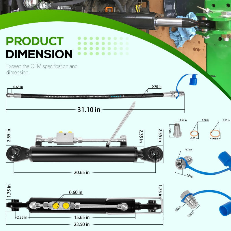 Hydraulic Top Link Cat. 1-1 with Locking Block 20-7/8"-31-7/8", Double-Acting Hydraulic Cylinder with 2 Hoses & Two-Way Check Valve for Tractor/Excavator