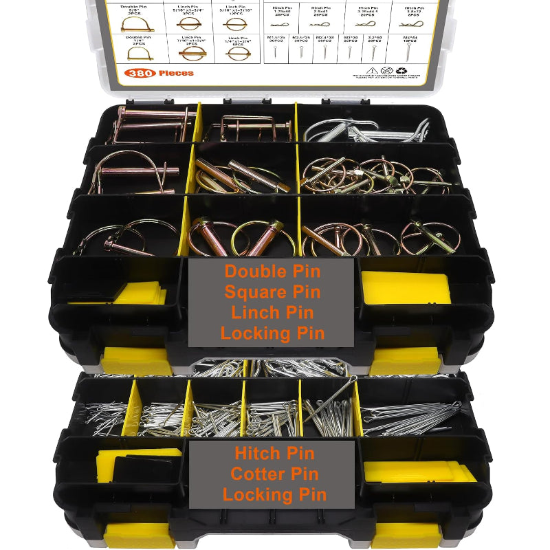 380 Pcs Heavy Duty Pin Kit-Hitch,Lynch,R-Clips,Hair&PTO Pins for Trucks,Trailers,Tractors,Mowers,3-Point Accessories,Zinc Plated Assortment