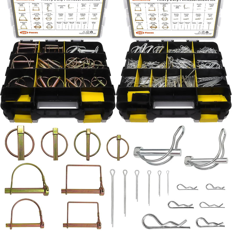 380 Pcs Heavy Duty Pin Kit-Hitch,Lynch,R-Clips,Hair&PTO Pins for Trucks,Trailers,Tractors,Mowers,3-Point Accessories,Zinc Plated Assortment