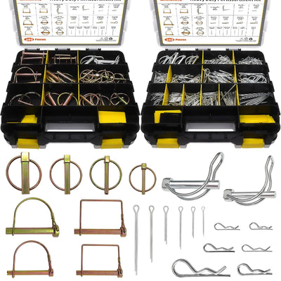380 Pcs Heavy Duty Pin Kit-Hitch,Lynch,R-Clips,Hair&PTO Pins for Trucks,Trailers,Tractors,Mowers,3-Point Accessories,Zinc Plated Assortment