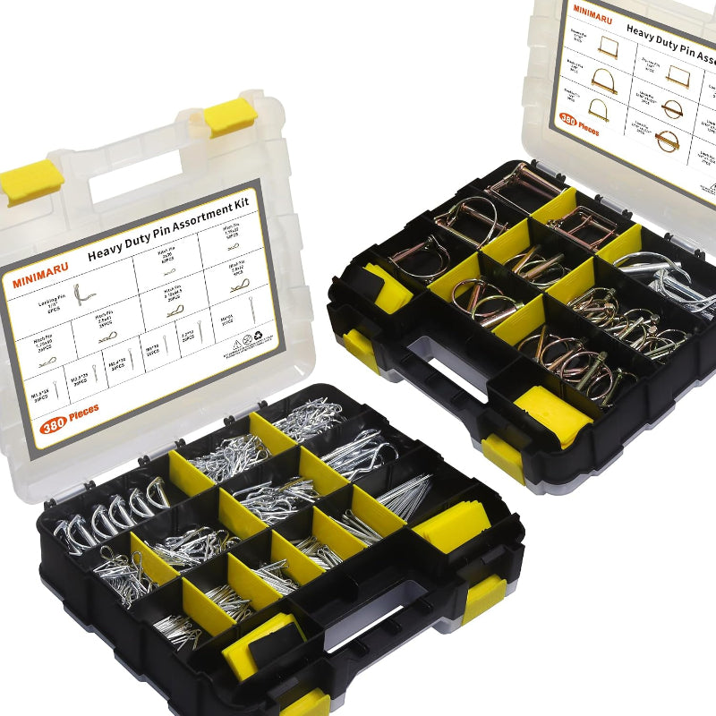 380 Pcs Heavy Duty Pin Kit-Hitch,Lynch,R-Clips,Hair&PTO Pins for Trucks,Trailers,Tractors,Mowers,3-Point Accessories,Zinc Plated Assortment