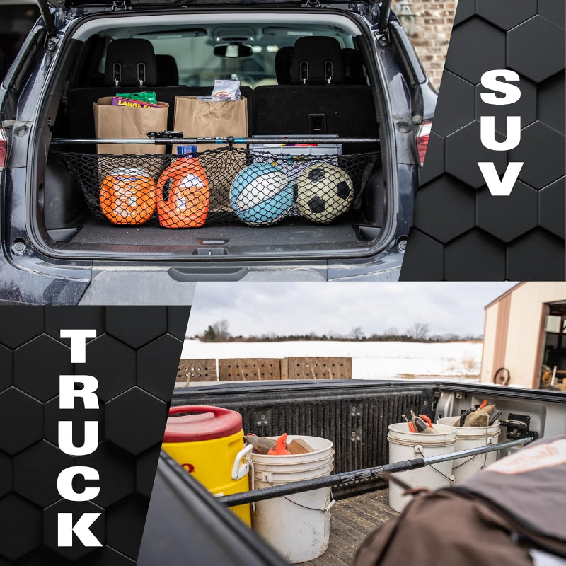 Ratcheting Cargo Bar Adjustable 40"-70" with 60"x24" Storage Net - Heavy Duty Truck Bed Bar, Rubber Grip, Black/Silver