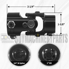 1" DD X 3/4"-36 Spline Black Steering Universal Joint Single U Joint Shaft,Total Length: 83mm (3-1/4")